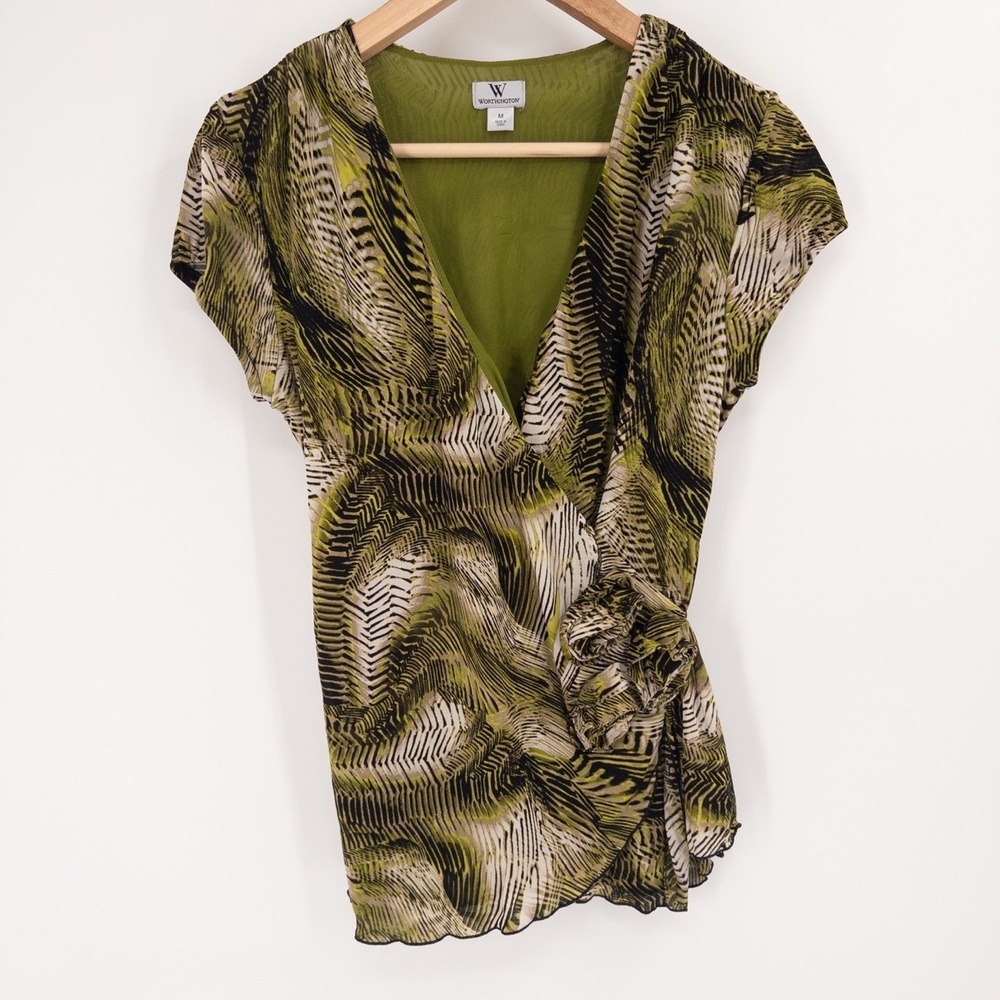 Y2K Green Abstract‎ Wrap Top Womens M Asymmetrical Funky Animal Print Retro Club